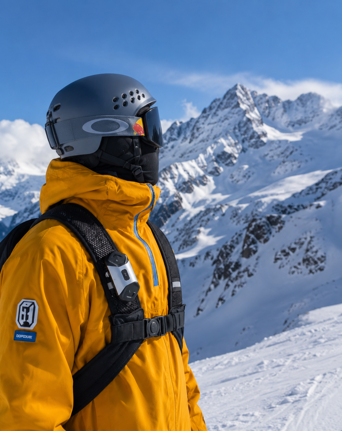commz FREE+ V2 mounted on a shoulder strap in the alps